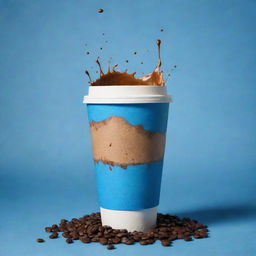 A vivid cinematic poster with a coffee bag and take away coffee cup floating amidst coffee splashes, ornamented by beans, all set against a blue shaded, pale background.