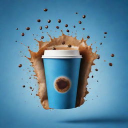 A vivid cinematic poster with a coffee bag and take away coffee cup floating amidst coffee splashes, ornamented by beans, all set against a blue shaded, pale background.