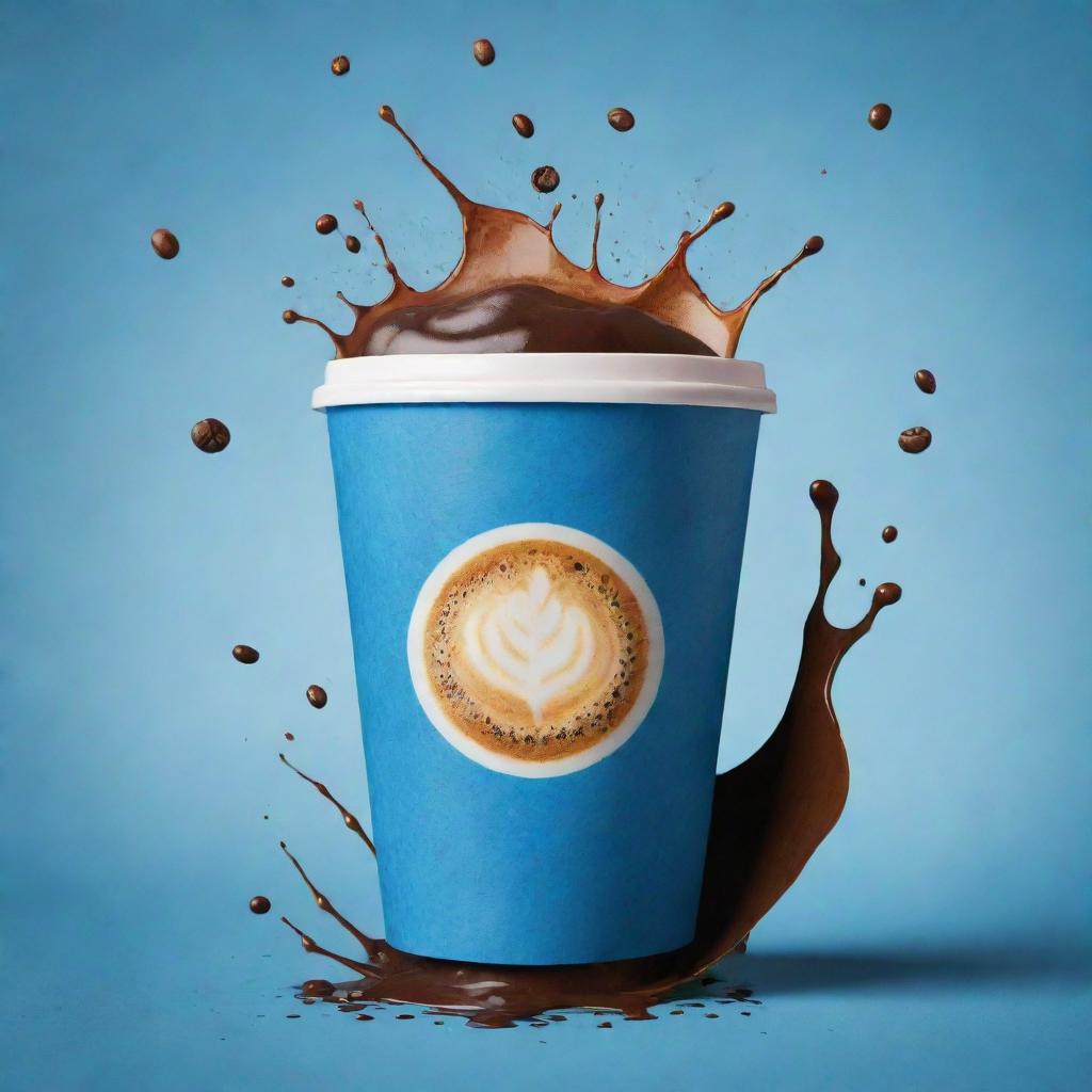 A vivid cinematic poster with a coffee bag and take away coffee cup floating amidst coffee splashes, ornamented by beans, all set against a blue shaded, pale background.