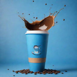 A vivid cinematic poster with a coffee bag and take away coffee cup floating amidst coffee splashes, ornamented by beans, all set against a blue shaded, pale background.