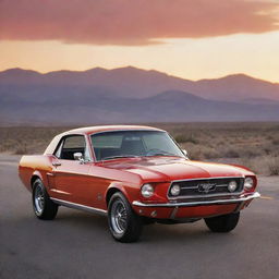 A classic 1967 Ford Mustang GT, polished to a high gloss shine in fiery red, parked on an endless stretch of open road at sunset, with mountains in the background under a bright red and orange sky.