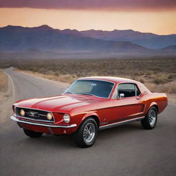 A classic 1967 Ford Mustang GT, polished to a high gloss shine in fiery red, parked on an endless stretch of open road at sunset, with mountains in the background under a bright red and orange sky.