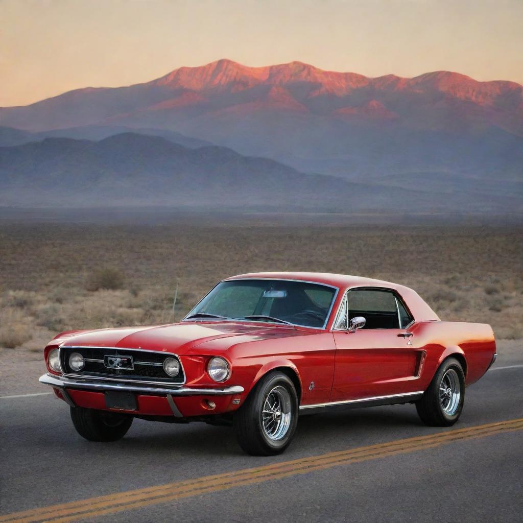 A classic 1967 Ford Mustang GT, polished to a high gloss shine in fiery red, parked on an endless stretch of open road at sunset, with mountains in the background under a bright red and orange sky.