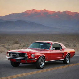 A classic 1967 Ford Mustang GT, polished to a high gloss shine in fiery red, parked on an endless stretch of open road at sunset, with mountains in the background under a bright red and orange sky.