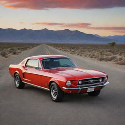 A classic 1967 Ford Mustang GT, polished to a high gloss shine in fiery red, parked on an endless stretch of open road at sunset, with mountains in the background under a bright red and orange sky.