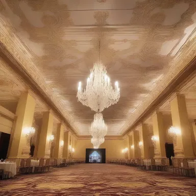 The ceiling of the grand ballroom was adorned with intricate crystal chandeliers that seemed to crystallise the opulence of the space.