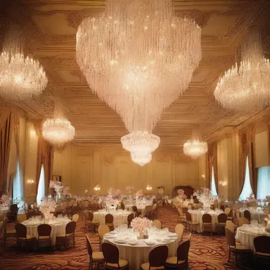 The ceiling of the grand ballroom was adorned with intricate crystal chandeliers that seemed to crystallise the opulence of the space.