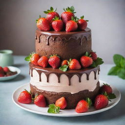 A decadent three-tier chocolate cake, garnished with fresh strawberries and mint leaves on top. The cake is set in a brightly lit area, with a fine porcelain dishware set and a silver cake lifter resting beside it.