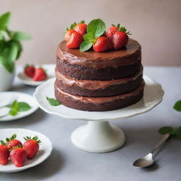 A decadent three-tier chocolate cake, garnished with fresh strawberries and mint leaves on top. The cake is set in a brightly lit area, with a fine porcelain dishware set and a silver cake lifter resting beside it.