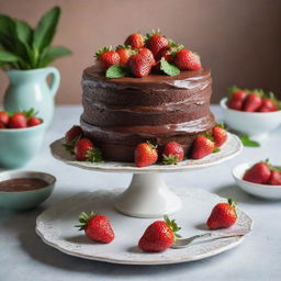 A decadent three-tier chocolate cake, garnished with fresh strawberries and mint leaves on top. The cake is set in a brightly lit area, with a fine porcelain dishware set and a silver cake lifter resting beside it.