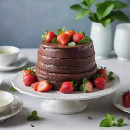 A decadent three-tier chocolate cake, garnished with fresh strawberries and mint leaves on top. The cake is set in a brightly lit area, with a fine porcelain dishware set and a silver cake lifter resting beside it.