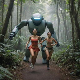 Timun Mas, a folklore heroine from Java, Indonesia, being chased by a futuristic robot in a lush tropical forest