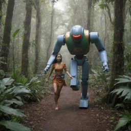 Timun Mas, a folklore heroine from Java, Indonesia, being chased by a futuristic robot in a lush tropical forest