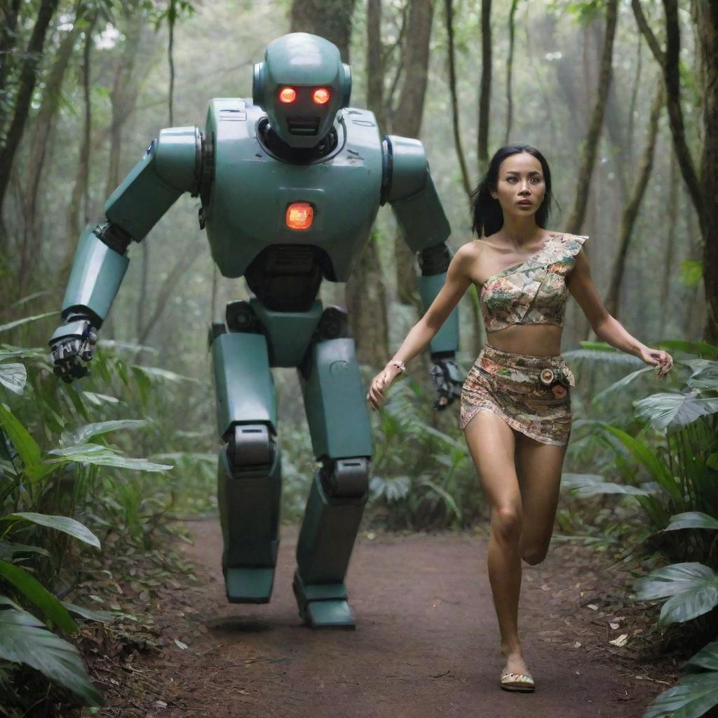 Timun Mas, a folklore heroine from Java, Indonesia, being chased by a futuristic robot in a lush tropical forest