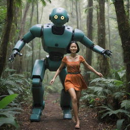 Timun Mas, a folklore heroine from Java, Indonesia, being chased by a futuristic robot in a lush tropical forest