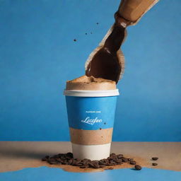 A cinematic poster featuring a coffee bag and take away coffee cup floating, with coffee splashing in the backdrop, a blue shaded background, and a color scheme of pale, brown, and yellowish-brown, decorated with coffee beans.