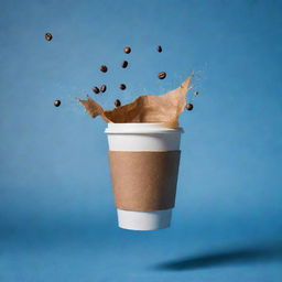 A cinematic poster featuring a coffee bag and take away coffee cup floating, with coffee splashing in the backdrop, a blue shaded background, and a color scheme of pale, brown, and yellowish-brown, decorated with coffee beans.