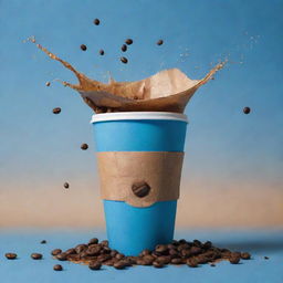 A cinematic poster featuring a coffee bag and take away coffee cup floating, with coffee splashing in the backdrop, a blue shaded background, and a color scheme of pale, brown, and yellowish-brown, decorated with coffee beans.