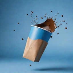 A cinematic poster featuring a coffee bag and take away coffee cup floating, with coffee splashing in the backdrop, a blue shaded background, and a color scheme of pale, brown, and yellowish-brown, decorated with coffee beans.