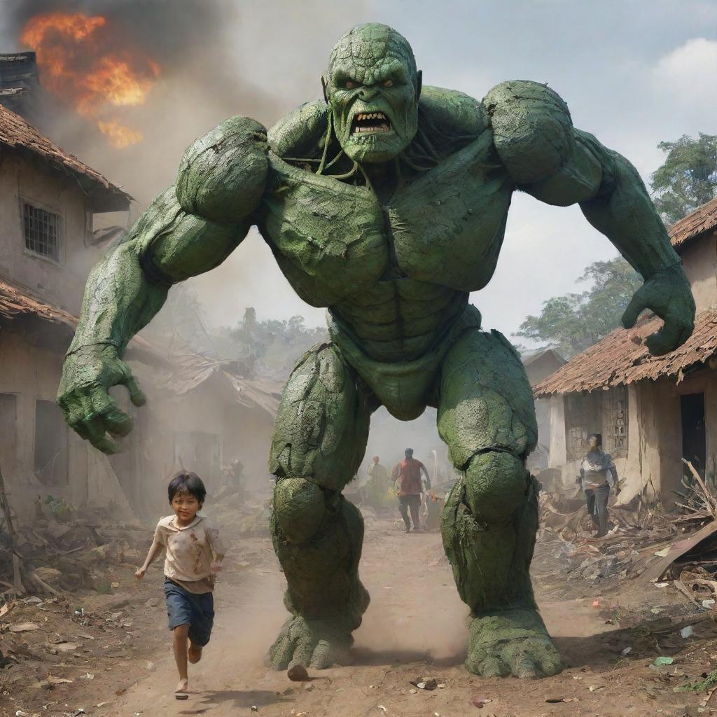 Timun Mas being chased by a green giant transformed into a robot, amidst a chaotic scene of villagers' houses ravaged by the robot