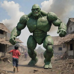 Timun Mas being chased by a green giant transformed into a robot, amidst a chaotic scene of villagers' houses ravaged by the robot