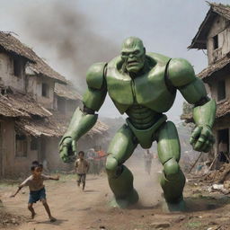 Timun Mas being chased by a green giant transformed into a robot, amidst a chaotic scene of villagers' houses ravaged by the robot