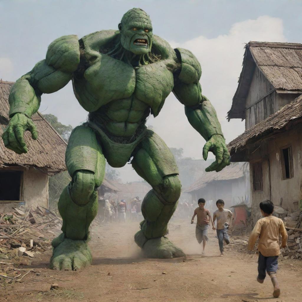 Timun Mas being chased by a green giant transformed into a robot, amidst a chaotic scene of villagers' houses ravaged by the robot