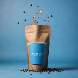 Imagine a cinematic poster with a coffee packaging bag and take away coffee cup floating together amidst a coffee splash backdrop, nestled within a shaded blue background and color palette of pale, brown, and yellowish-brown, adorned with coffee beans.