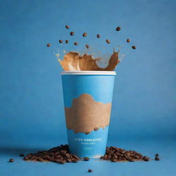 Imagine a cinematic poster with a coffee packaging bag and take away coffee cup floating together amidst a coffee splash backdrop, nestled within a shaded blue background and color palette of pale, brown, and yellowish-brown, adorned with coffee beans.