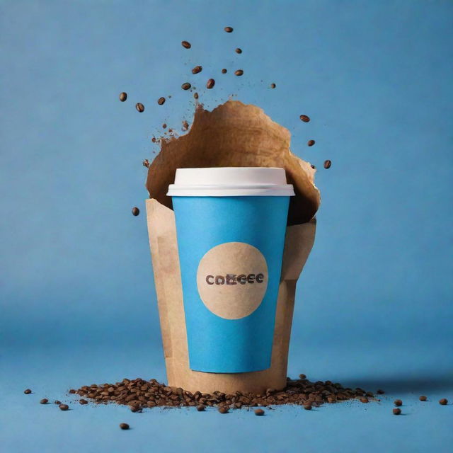 Imagine a cinematic poster with a coffee packaging bag and take away coffee cup floating together amidst a coffee splash backdrop, nestled within a shaded blue background and color palette of pale, brown, and yellowish-brown, adorned with coffee beans.