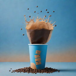 Imagine a cinematic poster with a coffee packaging bag and take away coffee cup floating together amidst a coffee splash backdrop, nestled within a shaded blue background and color palette of pale, brown, and yellowish-brown, adorned with coffee beans.