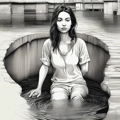 The artist drew a captivating portrait of a woman surrounded by flowing sewerage.