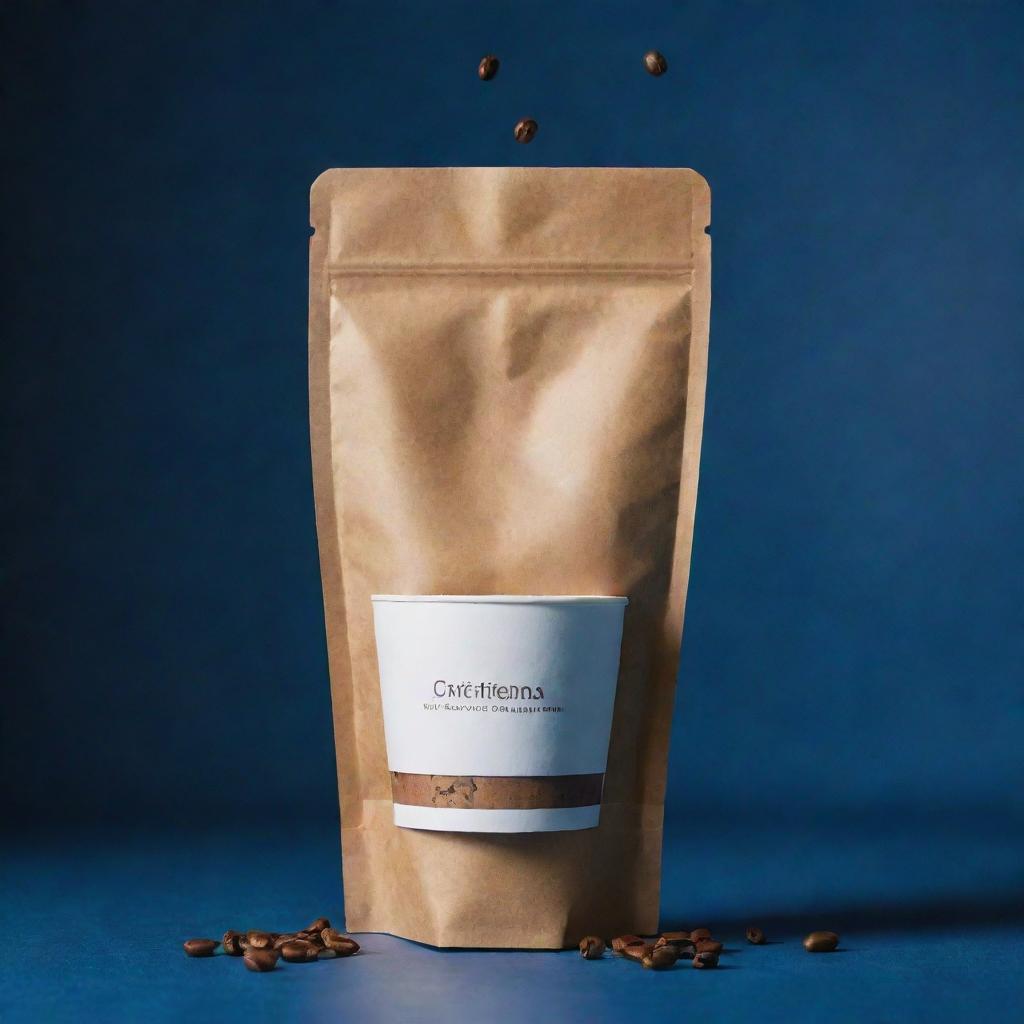 Envisage a cinematic poster featuring a coffee packaging bag and take away coffee cup levitating, set on a dark blue background, immersed in a color scheme of pale, brown, and yellowish-brown, accentuated with coffee beans and coffee splashes in the background.