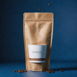 Envisage a cinematic poster featuring a coffee packaging bag and take away coffee cup levitating, set on a dark blue background, immersed in a color scheme of pale, brown, and yellowish-brown, accentuated with coffee beans and coffee splashes in the background.