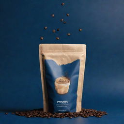 Envisage a cinematic poster featuring a coffee packaging bag and take away coffee cup levitating, set on a dark blue background, immersed in a color scheme of pale, brown, and yellowish-brown, accentuated with coffee beans and coffee splashes in the background.