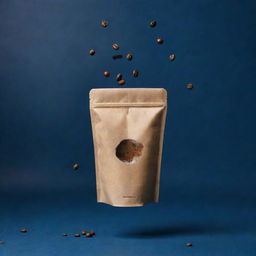 Envisage a cinematic poster featuring a coffee packaging bag and take away coffee cup levitating, set on a dark blue background, immersed in a color scheme of pale, brown, and yellowish-brown, accentuated with coffee beans and coffee splashes in the background.