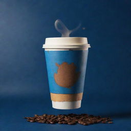 Envisage a cinematic poster featuring a coffee packaging bag and take away coffee cup levitating, set on a dark blue background, immersed in a color scheme of pale, brown, and yellowish-brown, accentuated with coffee beans and coffee splashes in the background.