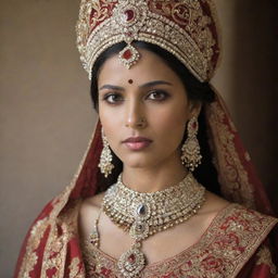 An Indian princess adorned in traditional royal attire, complete with ornate jewelry and headdress.