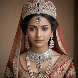 An Indian princess adorned in traditional royal attire, complete with ornate jewelry and headdress.