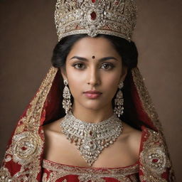 An Indian princess adorned in traditional royal attire, complete with ornate jewelry and headdress.