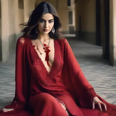 She wore a blood-stained kaftan, with the sleeves dragging on the floor, adding a sinister touch to her appearance.