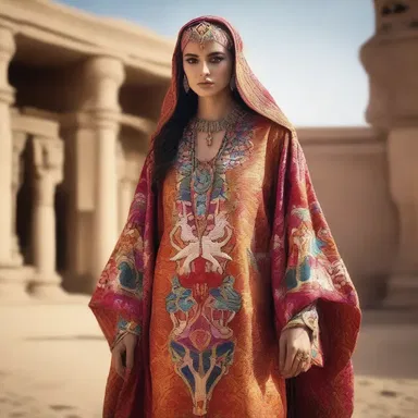 In the fantasy film, the mystical creature was adorned in an intricately designed kaftan, enhancing its otherworldly presence.