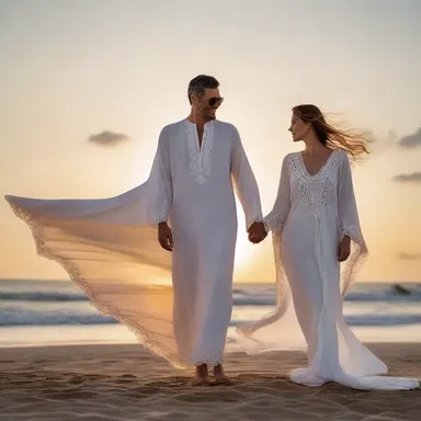 As the sun set behind them, the couple stood on the beach, the flowing fabric of her kaftan gently billowing in the breeze, creating an enchanting moment.