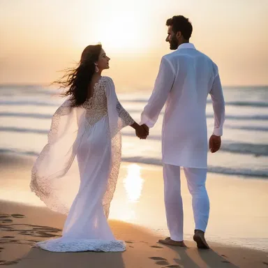 As the sun set behind them, the couple stood on the beach, the flowing fabric of her kaftan gently billowing in the breeze, creating an enchanting moment.