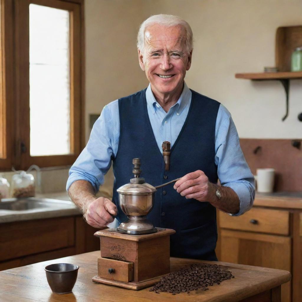 Portrait of Joe Biden in a homey setting, wearing casual clothes, standing with a smile, grinding coffee beans in an old-style, hand-crank coffee grinder.