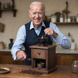 Portrait of Joe Biden in a homey setting, wearing casual clothes, standing with a smile, grinding coffee beans in an old-style, hand-crank coffee grinder.