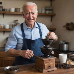 Portrait of Joe Biden in a homey setting, wearing casual clothes, standing with a smile, grinding coffee beans in an old-style, hand-crank coffee grinder.