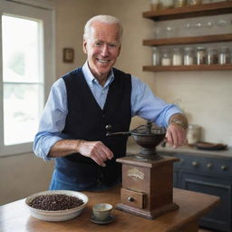 Portrait of Joe Biden in a homey setting, wearing casual clothes, standing with a smile, grinding coffee beans in an old-style, hand-crank coffee grinder.