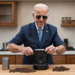 Illustration of Joe Biden, wearing his aviator sunglasses, in a domestic setting, humorously grinding coffee beans using a battery-powered drill fitted with a grinder attachment.