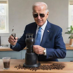 Illustration of Joe Biden, wearing his aviator sunglasses, in a domestic setting, humorously grinding coffee beans using a battery-powered drill fitted with a grinder attachment.